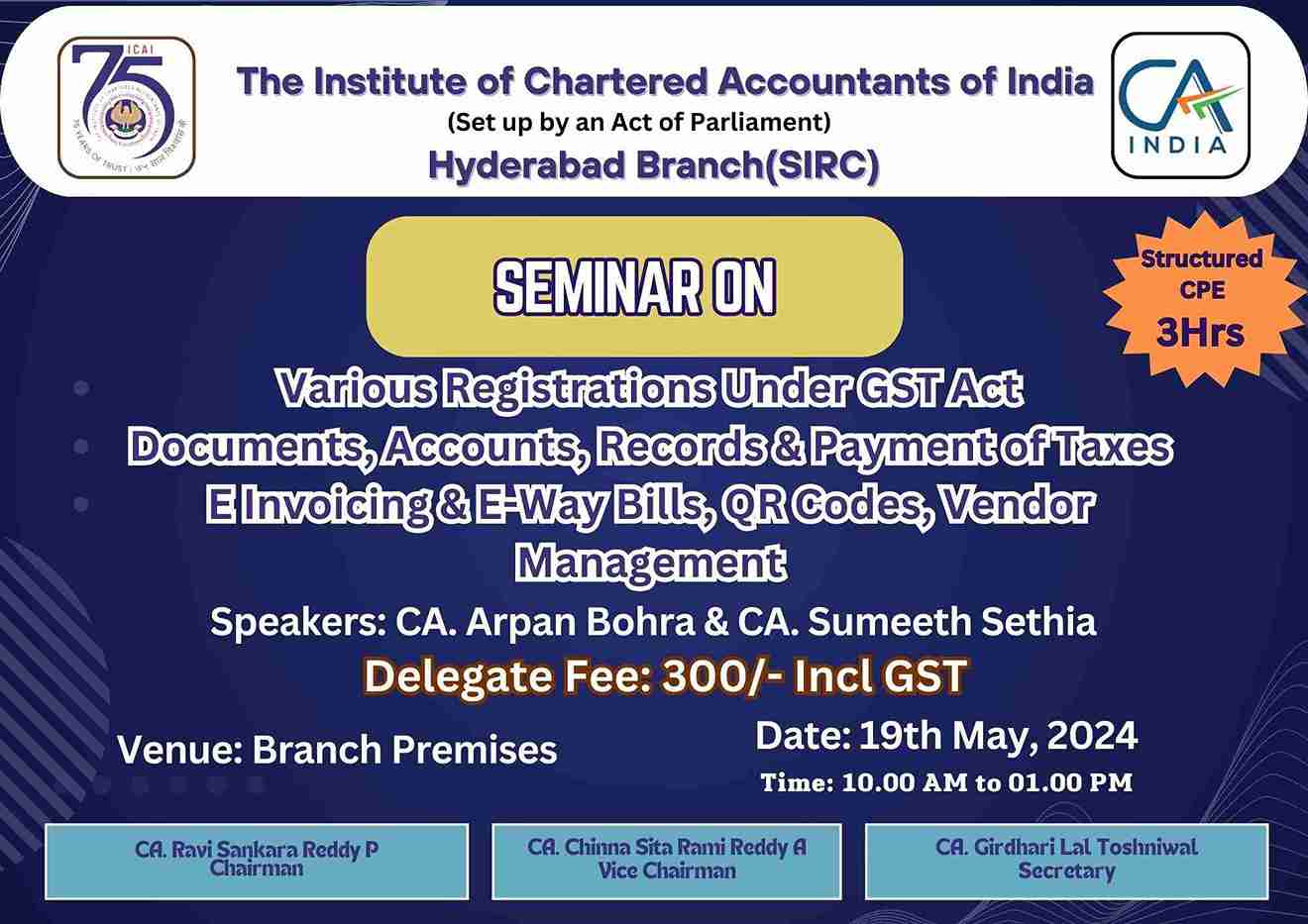 Seminar on Various Registrations  Under GST Act Documents, Accounts, Records & Payment of Taxes E Invoicing & E-Way Bills, QR Codes, Vendor Management