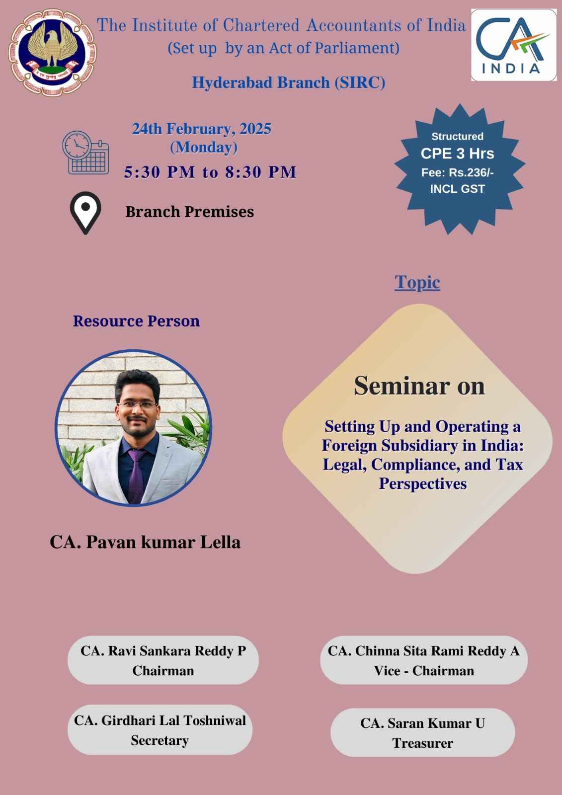 Seminar on "Setting Up and Operating a Foreign Subsidiary in India: legal, Compliance and Tax Prespectives"