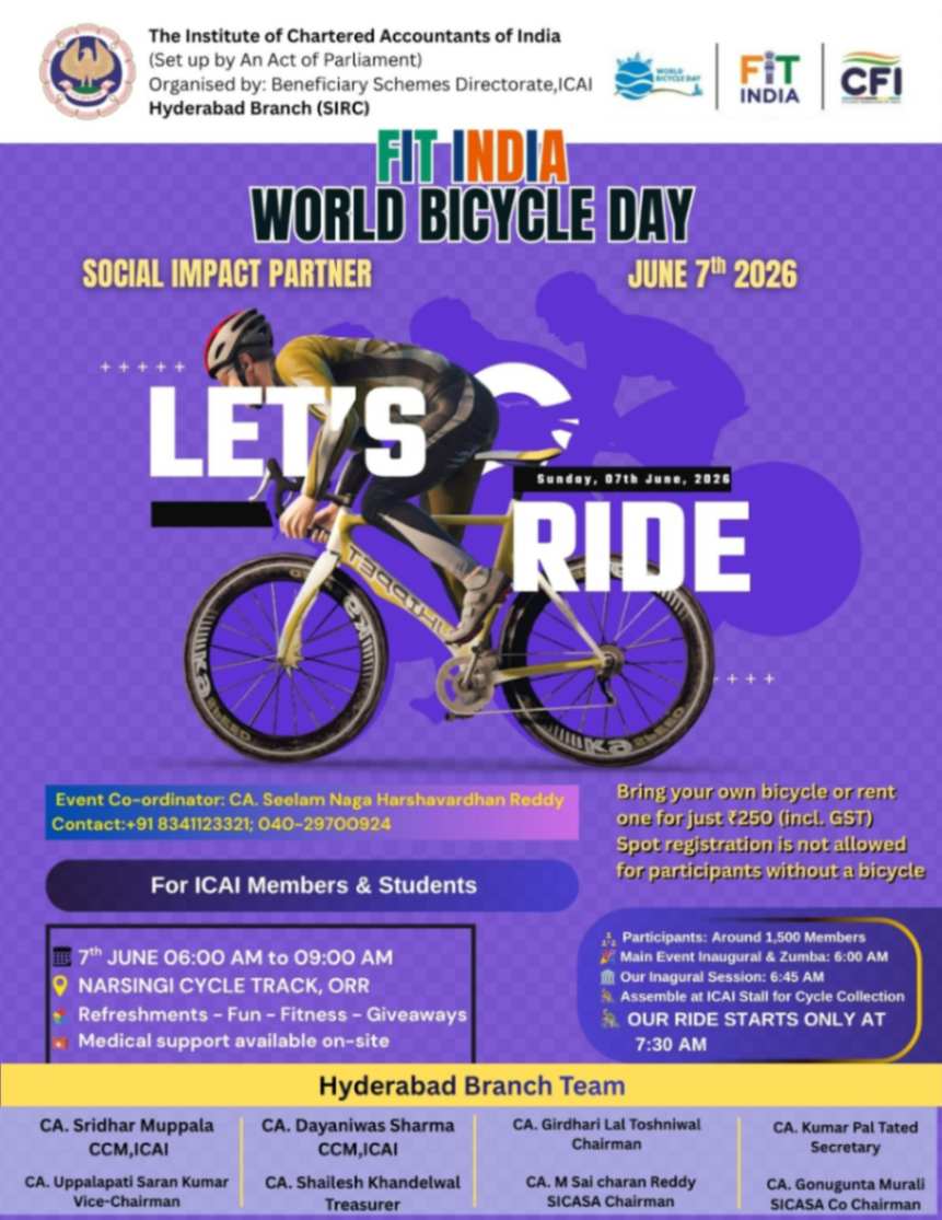 FIT INDIA WORLD BICYCLE DAY (Organised By Hyderabad Branch SIRC of ICAI) (MEMBERS)